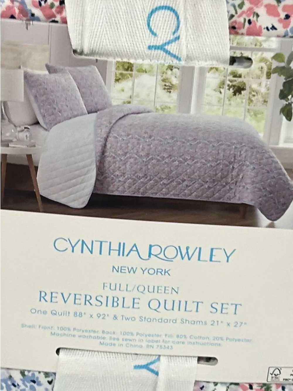Cynthia Rowley Pink, White and Blue Floral Full/Queen Quilt Set 88”x92”